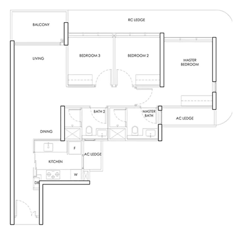 Example three-bedroom condo floor plan with two bathrooms, balcony and enclosed kitchen