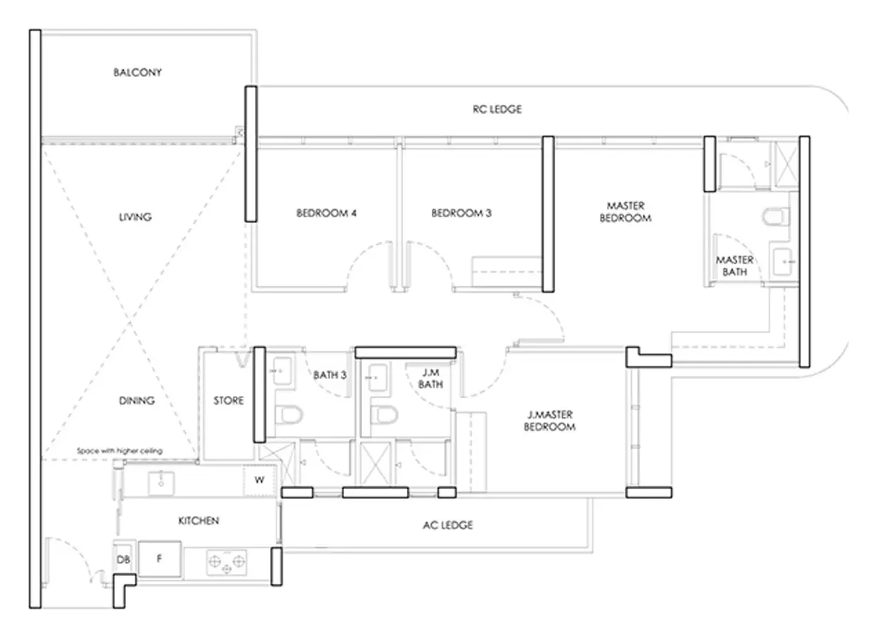 Example four-bedroom condo floor plan with junior master bedroom, store and balcony