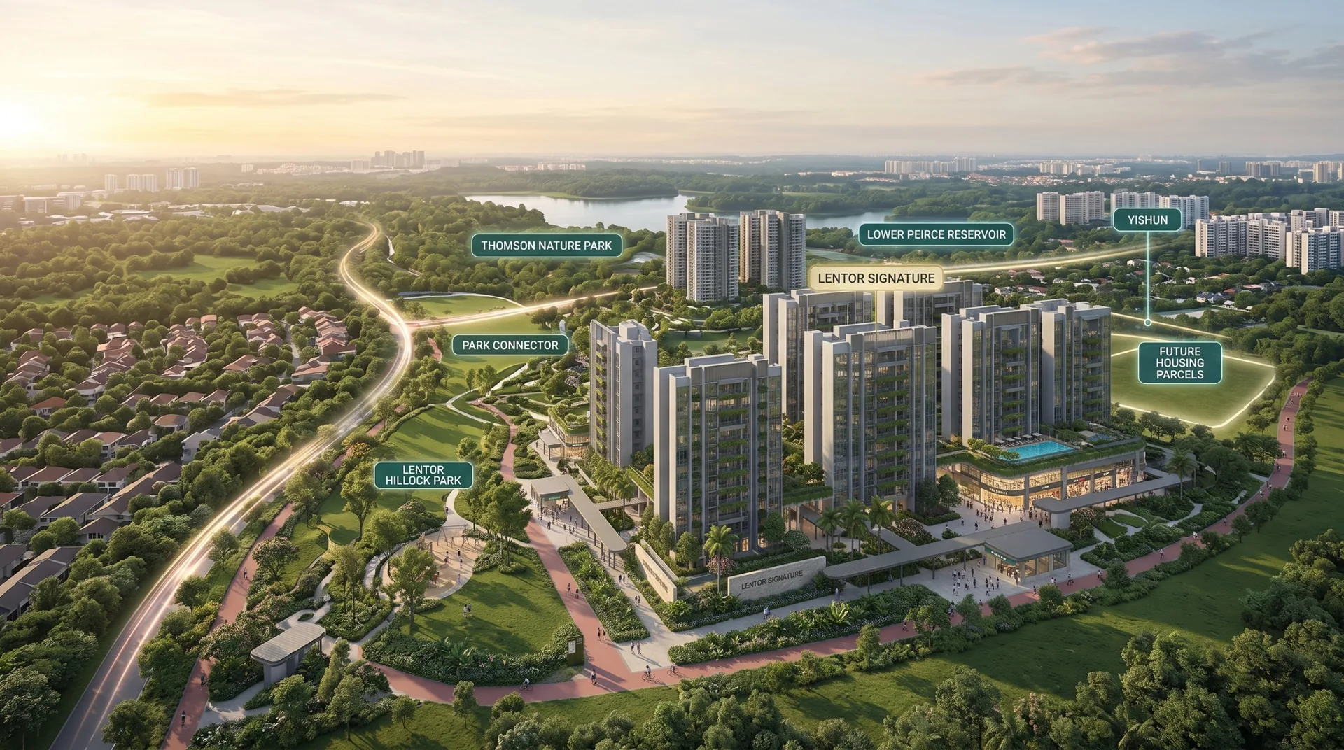 Aerial view of Lentor Signature with Thomson Nature Park, Lower Peirce Reservoir and Yishun around it, artist's impression