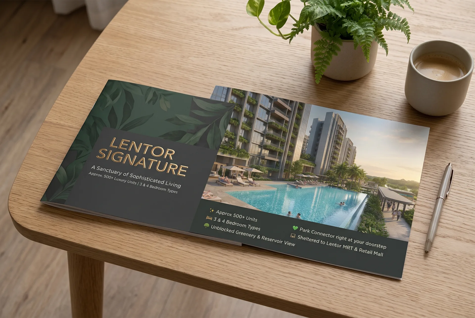 Lentor Signature e-brochure open on a table, artist's impression
